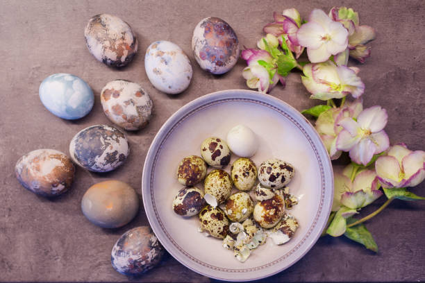 istock Naturally colored Easter eggs with onion skin and hand-painted with fresh flowers on concrete background 1318612290