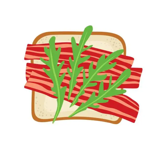 Vector illustration of Sandwich with arugula and bacon. Snack. Overhead view of isolated Breakfast snacks on toast vector flat. For menu, cafe, restaurant, poster, banner, emblem, sticker. Healthy green.