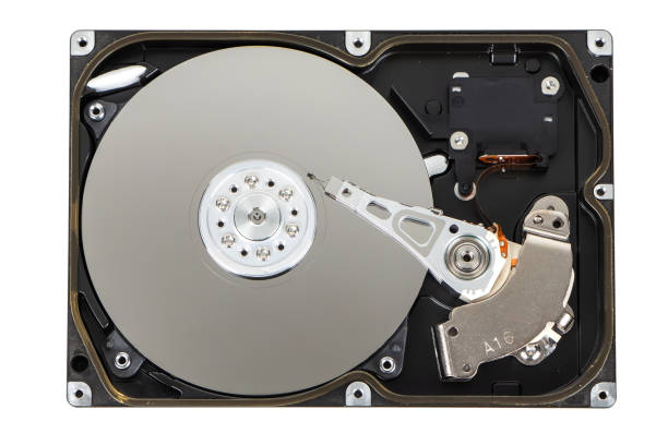 Close up inside of computer hard disk drive HDD isolated on white background