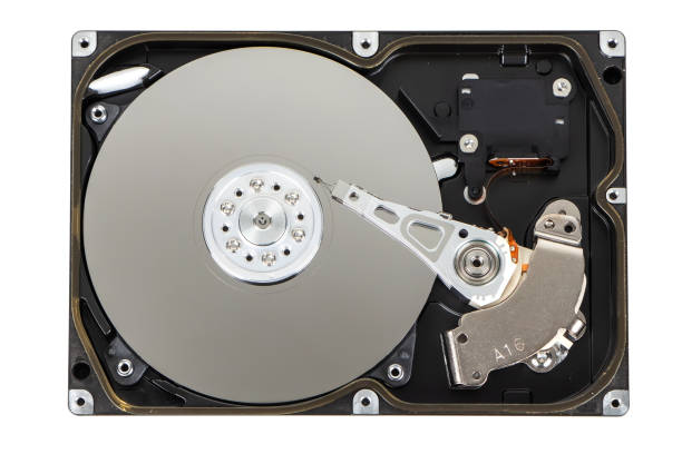 close up inside of computer hard disk drive hdd isolated on white background - magnetic storage imagens e fotografias de stock