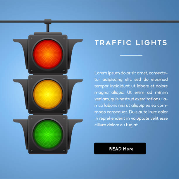 Traffic Lights Banner. Traffic lights with all three colors on hanging. stoplight stock illustrations