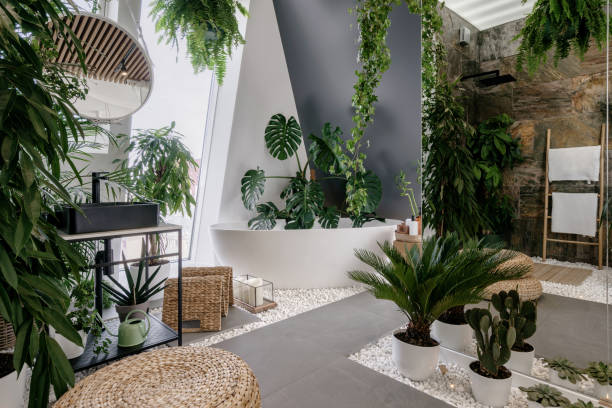istock Boho bathroom with lots of potted greenery 1318614839