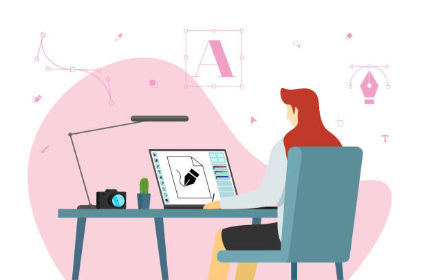 stockillustraties, clipart, cartoons en iconen met de grafische ontwerper freelancer van de vrouw zit het werken bij laptop in werkplaats. vrouwelijke freelance creatieve specialist of reclamebureau studio medewerker ontwikkelt ontwerp lay-out op monitor scherm vector - grafisch ontwerper