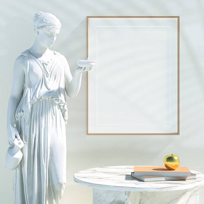 Interior vertical orientation poster mockup with wooden wall frame with antique greek sculpture of goddess Hebe and gold elements on empty white wall background. Natural rendering, 3d illustration
