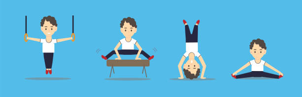 Cute boy doing sport gymnastic at sport gym, healthy lifestyle concept flat vector illustration headstand stock illustrations