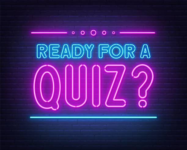 Ready for a Quiz neon sign on brick wall background. Ready for a Quiz neon sign on brick wall background. Glowing lettering. quiz night stock illustrations