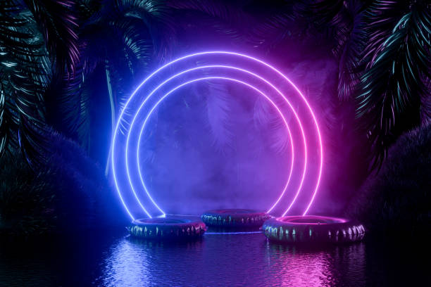 istock Neon Lighting Summer Holiday Travel Background with Palm Trees 1318618770