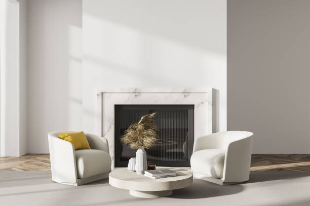 istock White living room interior with armchairs and fireplace, mockup 1318619163