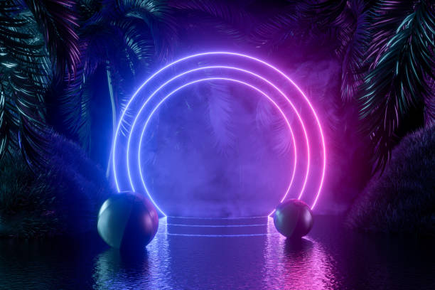istock Neon Lighting Summer Holiday Travel Background with Palm Trees 1318619245