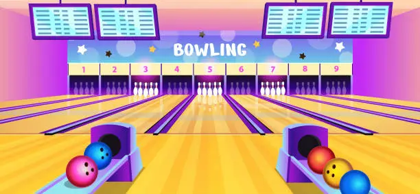 Vector illustration of Bowling club interior with bowling alleys, pins and balls in cartoon style. Vector illustration.
