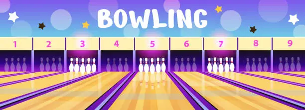 Vector illustration of Bowling club interior with bowling alleys and pins  in cartoon style. Vector illustration. Concept background for flyers.