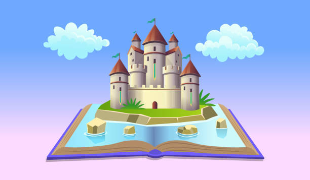 istock Open book with fairy castle and clouds. Vector illustration in cartoon style for kids. The concept of a children's playroom, birthday, kids club, kindergarten, school. 1318619259