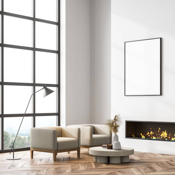 istock Living room interior with fireplace and panoramic window 1318620019