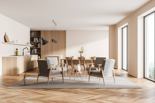 istock Wooden kitchen interior armchairs and dining table near panoramic window 1318620366