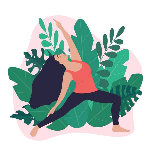 Young Woman in yoga pose surrounded by green tropical leaves. Girl doing exercise, meditation in Viparita Virabhadrasana, Reverse Warrior pose. Plant, botanical leaves. Floral flat vector illustration Young Woman in yoga pose surrounded by green tropical leaves. Girl doing exercise, meditation in Viparita Virabhadrasana, Reverse Warrior pose. Plant, botanical leaves. Floral flat vector illustration yoga illustrations stock illustrations
