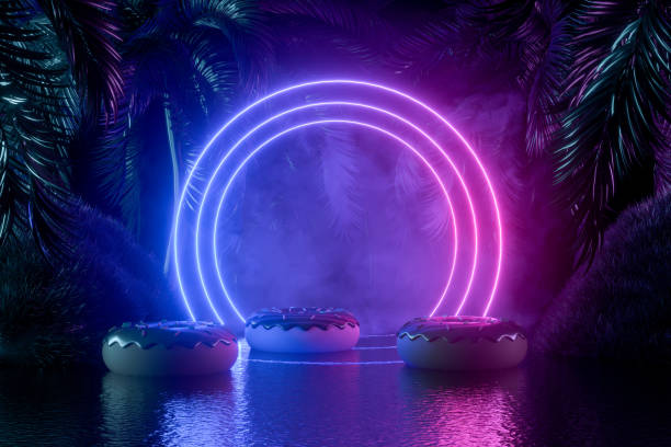 istock Neon Lighting Summer Holiday Travel Background with Palm Trees 1318621600