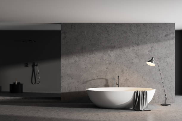 istock Bathroom interior with bathtub, lamp and shower with mockup 1318622543