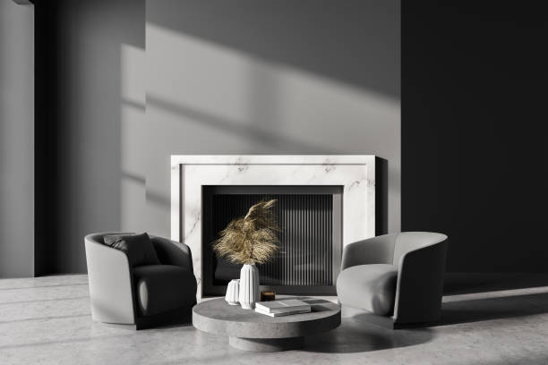 istock Grey living room interior with armchairs and fireplace, mockup 1318622843
