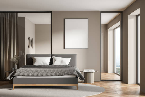 istock Modern cozy bedroom interior with empty white poster 1318623688