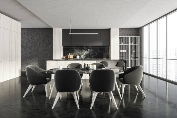 istock Dark kitchen interior with eating table and kitchen set near window 1318623824