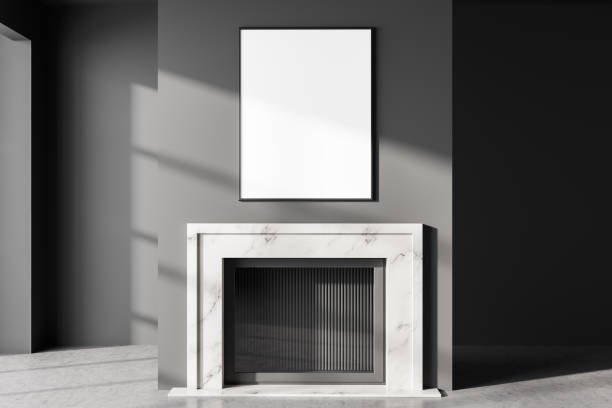 istock Grey living room interior with fireplace, mockup poster 1318623850