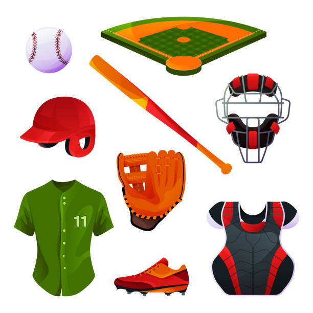 Baseball equipment and uniform set, vector icons Baseball equipment and uniform, catcher's set, protective gear. Vector icons of field, baseball bat and ball, chest and facemask protector, sport apparel. Players body protection and game accessories. Chest Protector stock illustrations