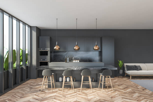 istock Dark modern kitchen room interior with bar counter 1318624786
