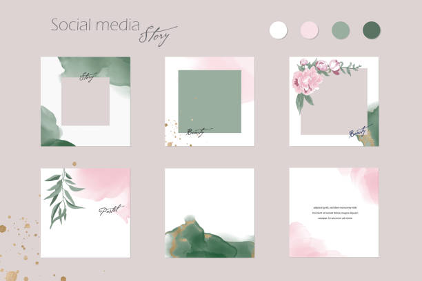 abstract Instagram backgrounds, social media stories, posts feed layouts. pink green watercolor vector texture frame mockup. for beauty, jewelry, fashion, cosmetics, wedding, summer vector illustration over fed stock illustrations