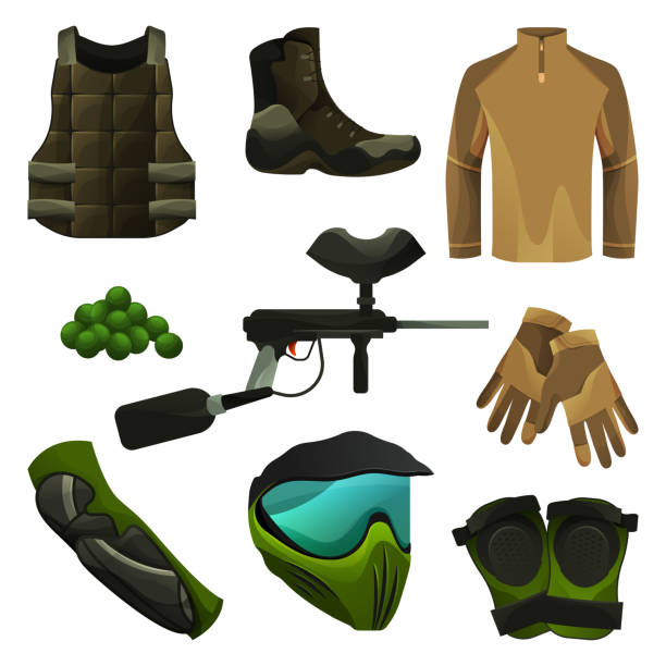 Set of paintball tools, game accessories icons Paintball equipment or game accessories, protection set. Vector icons of paintball marker or gun, mask, paintballs, body protectors or guards, gloves and boots, uniform. Outdoor sport icons. Chest Protector stock illustrations