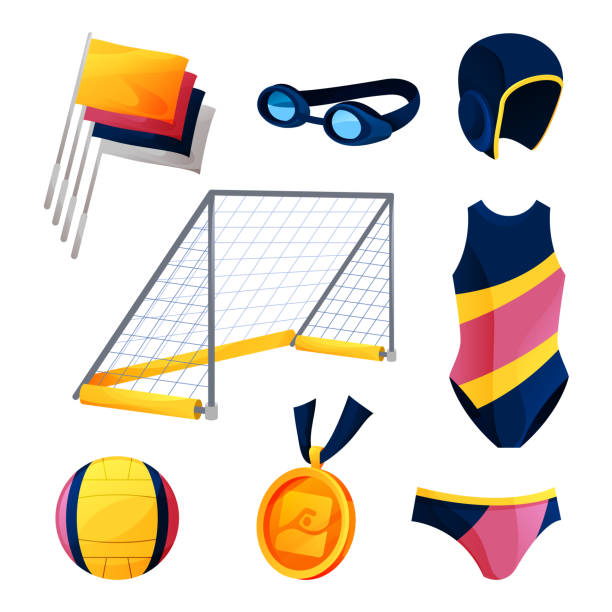 ilustrações, clipart, desenhos animados e ícones de equipamento de polo aquático ou conjunto de acessórios de jogo de natação - water polo swimming symbol computer icon