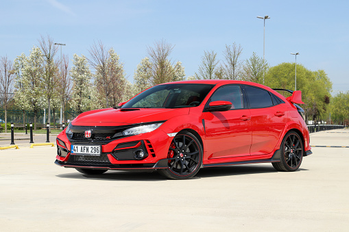 Istanbul, Turkey - April 27 2021 : Honda Civic is a line of cars manufactured by Honda. The design of Type R models was originally focused on race conditions, with an emphasis on minimizing weight.