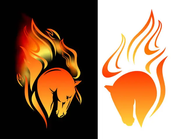 Vector illustration of fiery mustang horse with burning mane vector head portrait