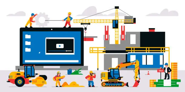 Vector illustration of The website is under construction. Technical work, error page. Construction site, machinery, builders, unfinished building, money, coins, gears. Vector illustration on background