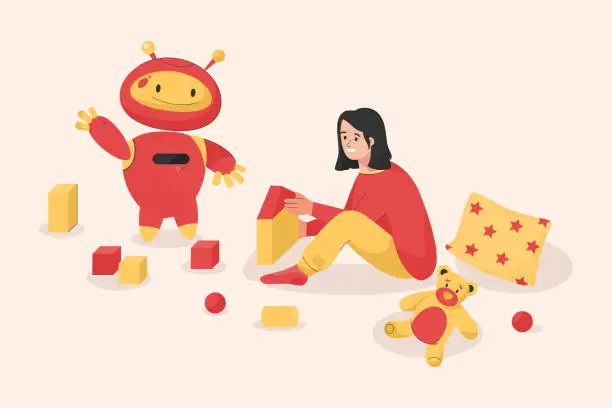 Vector illustration of Happy girl plays with toy cubes and robotic nanny