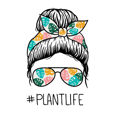 Woman face with aviator glasses bandana and flowers print. Messy Bun Mom Lifestyle. Plantlife. Vector illustration. Isolated on white background. Good for posters, t shirts, postcards.
