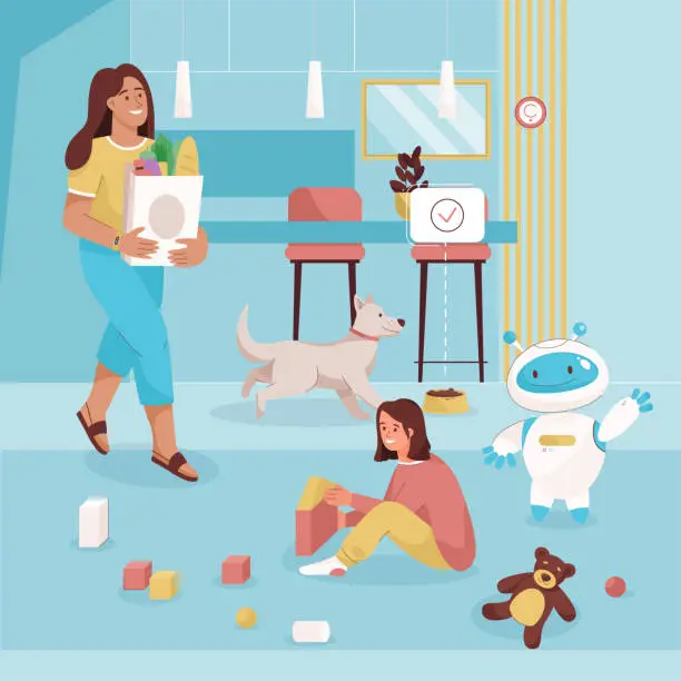 Vector illustration of Cozy smart home concept. Happy girl plays with toy cubes and robotic nanny