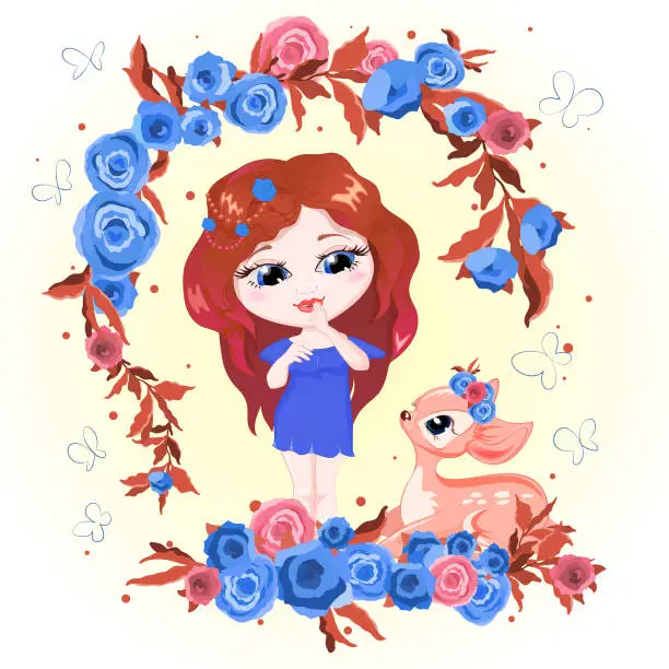 Vector illustration of Girl in a wreath and a deer