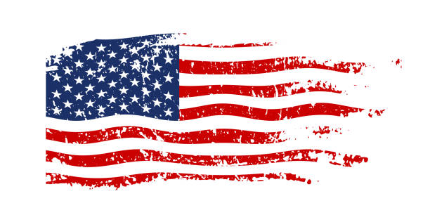 ilustraciones, imágenes clip art, dibujos animados e iconos de stock de grunge ondeando bandera americana aislada sobre fondo blanco. símbolo nacional de ee.uu. rayado. elemento de diseño vectorial. - american flag