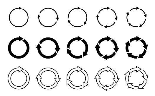 Set of black vector arrows. Circle infographic. Rotating elements with 1, 2, 3, 4, 5 steps