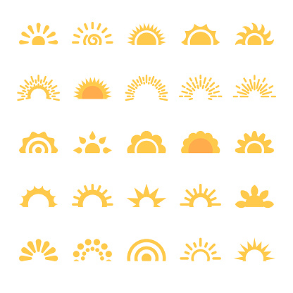25 Sun, Sunrise, Sunset, Sunburst Design Elements.