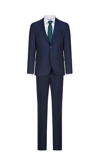 Two-piece men's suit displayed on a mannequin photographed against a white background