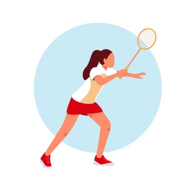 seorang wanita bermain bulu tangkis di lapangan. - badminton court ilustrasi stok