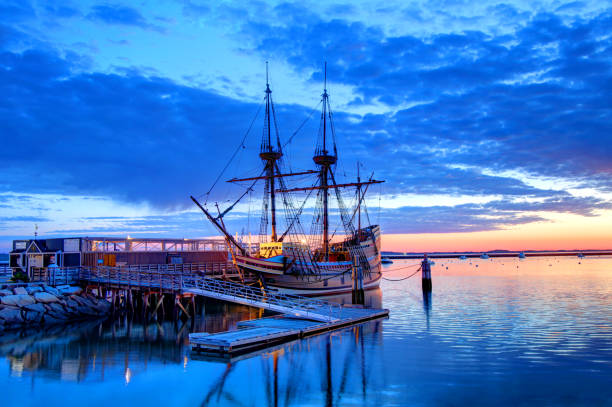 Plymouth, Massachusetts, USA - May 15, 2021: Morning view of the Mayflower II at State Pier in Plymouth Harbor