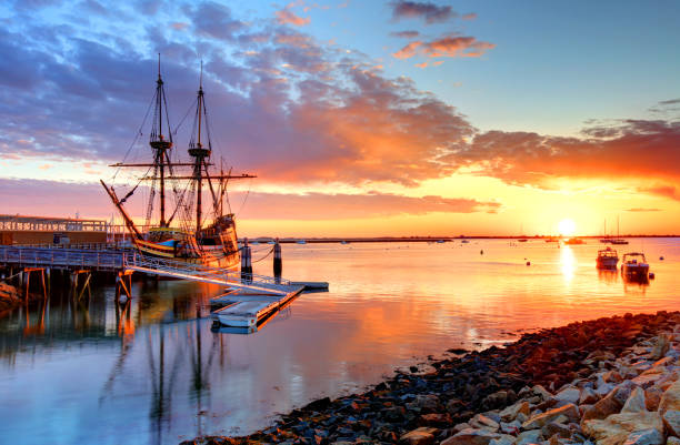 Plymouth, Massachusetts, USA - May 15, 2021: Morning view of the Mayflower II at State Pier in Plymouth Harbor