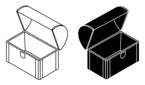 pusta drewniana klatka piersiowa z otwartą pokrywką. nieznalezienie pirackich skarbów. wektor - open container lid jewelry stock illustrations