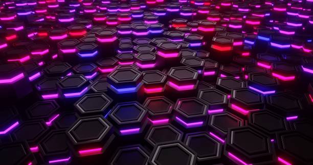 istock Red and Blue close-up. Hexagon abstract background. hexagonal structure 3d illustration 1318638248