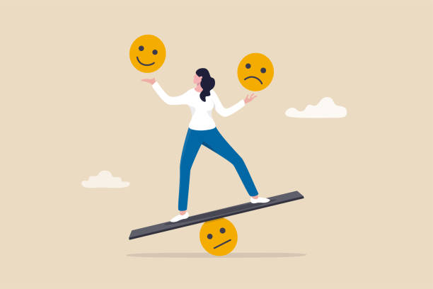 illustrazioni stock, clip art, cartoni animati e icone di tendenza di intelligenza emotiva, equilibrio tra sentimento di controllo delle emozioni tra lavoro stressato o tristezza e concetto di stile di vita felice, donna calma consapevole che usa la mano per bilanciare il sorriso e il viso triste. - adult loneliness depression