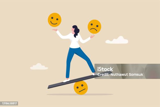 Emotional Intelligence Balance Emotion Control Feeling Between Work Stressed Or Sadness And Happy Lifestyle Concept Mindful Calm Woman Using Her Hand To Balance Smile And Sad Face Stock Illustration - Download Image Now