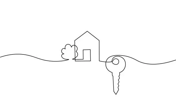 Vector illustration of One line seller house door keys. Building quarter residential complex. Hand drawn sketch continuous line. Sell own family customer life business concept vector illustration