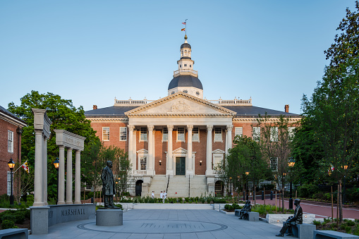 Annapolis, USA - May 14, 2021 - The Maryland State House is the oldest state capitol in continuous legislative use located in Annapolis, Maryland. A view of newly completed Lawyer's Mall in front of the Maryland State House.